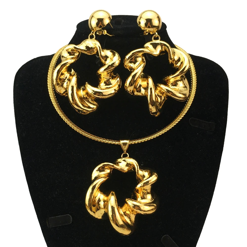 Maxy Dubai 18K Gold Plated Earrings Necklace Big Circle Pendant Trend Party Wedding Lover Wife Girl Gift Jewelry Sets for Women