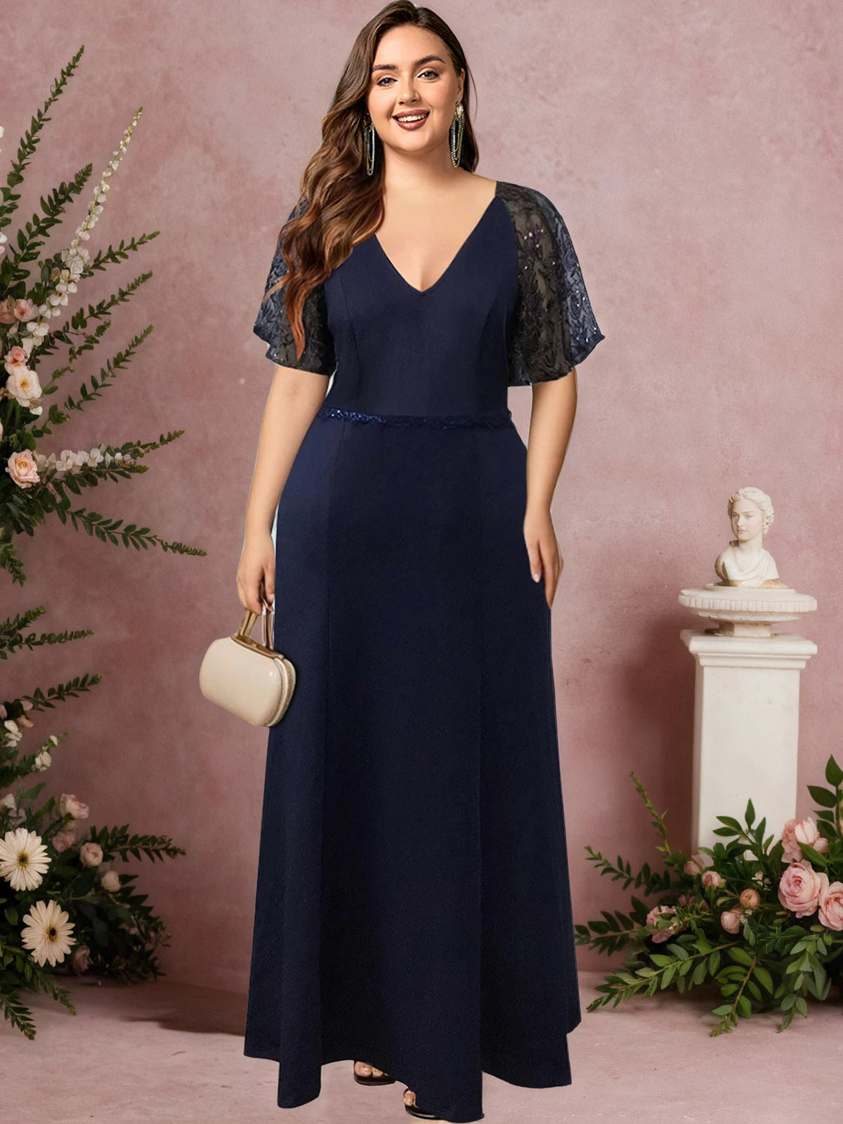 Amay Satin Spliced Lace Elegant Plus Size Women Dress Mesh Short Sleeve Summer Female Maxi Dress V-Neck Evening Long Dresses
