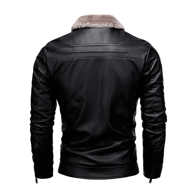 Maxy Men's Leather Jacket with Plush Lining Motorcycle Style Top Artificial Leather Jacket Mens Fur Coat Winter Men