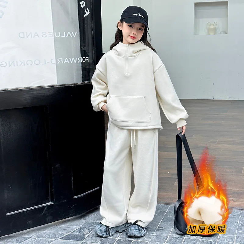 Maxy Girls Fleece Thick Hoodies Suits Children New Autumn Winter Fashion Top and Pants Two-piece Set Korean Simple Style