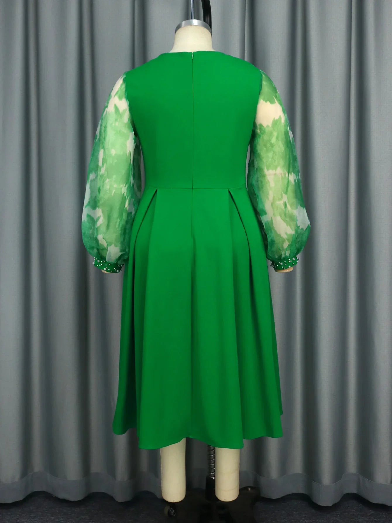 Macy Green Elegant A-Line Dress For Women O Neck Beading Printed Long Puff Sleeve High Waist Formal Church Event Gowns Plus Size 4XL