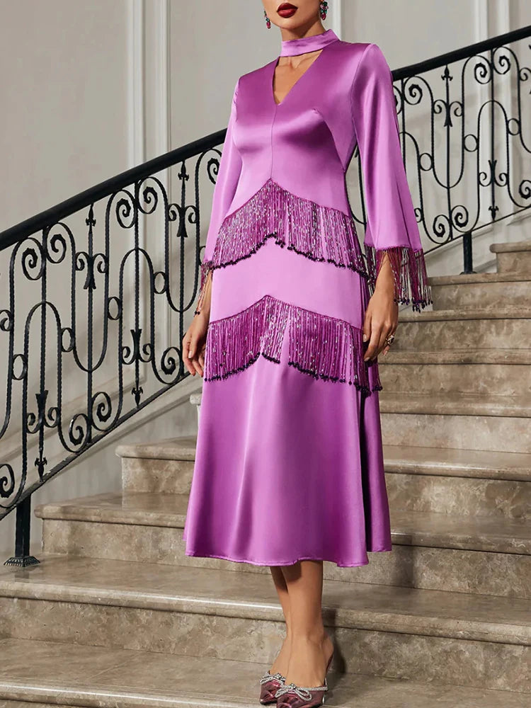Amay Solid Spliced Tassel Elegant Dresses For Women Stand Collar Long Sleeve High Waist Hollow Out Temperament Dress Female New