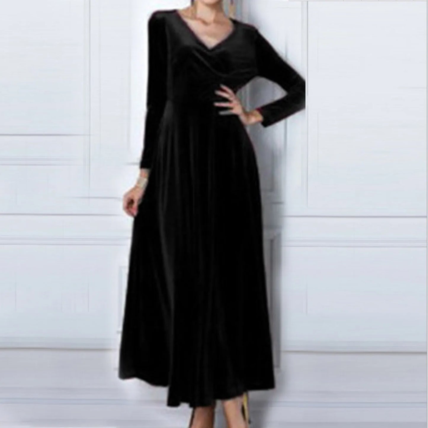 Maxy Vintage Women Autumn Long Sleeve V Neck Pleated Velvet Banquet Party Dress Party Wedding Elegant Evening Dress