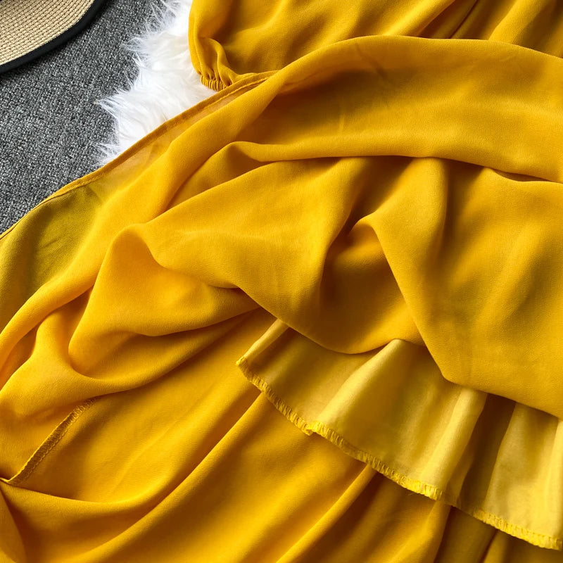 Babs Women Slash Neck Long Sleeve Midi Dress Female Yellow/Red/Pink High Waist Ruffle Big Swing Chiffon Robe Fashion New