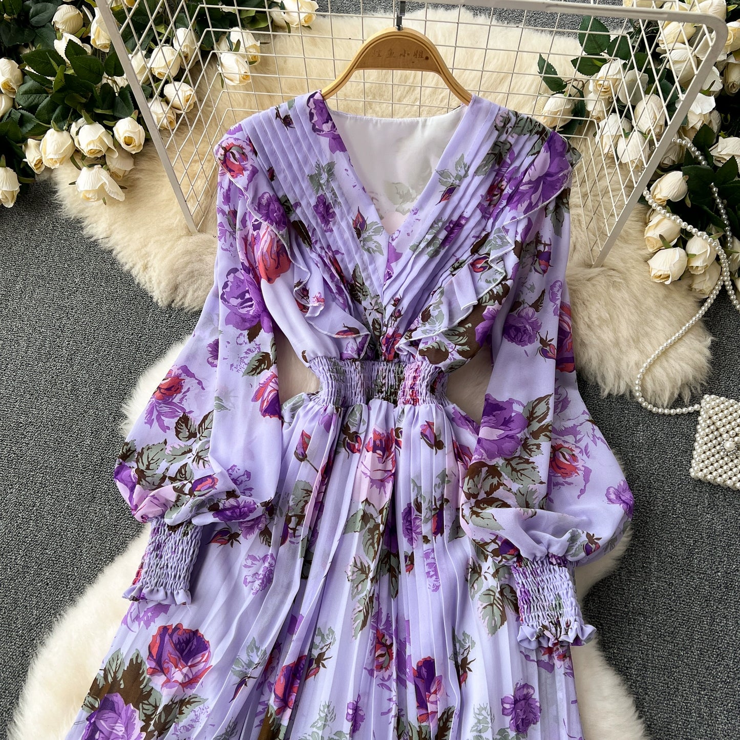 Macy French Style Retro Dress Women's Niche Style Lightly Mature Floral Chiffon Fairy Dress Tight Waist Slim Looking Elegant Pleated Long Dress