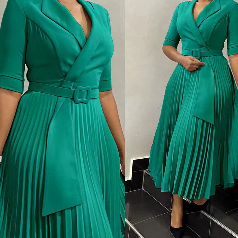 Amay Summer Elegant Half Sleeve V-neck Polyester Solid Color Dress Dashiki African Clothes African Pleated Dresses for Women