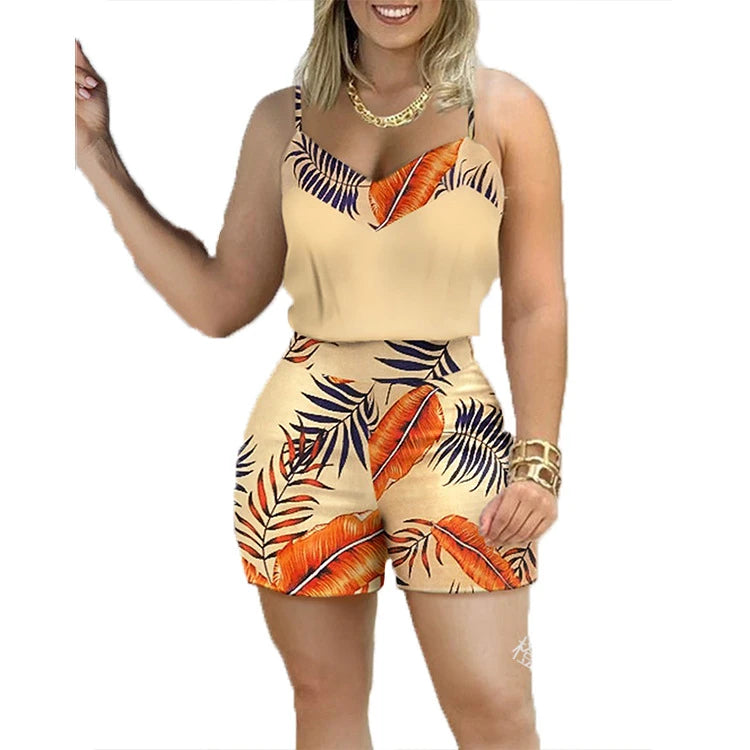 Maxy Two Pieces Suit Women's Summer Holiday Sleeveless Floral Print Top Pants Set Loungewear Shorts Casual Outfits With Belt