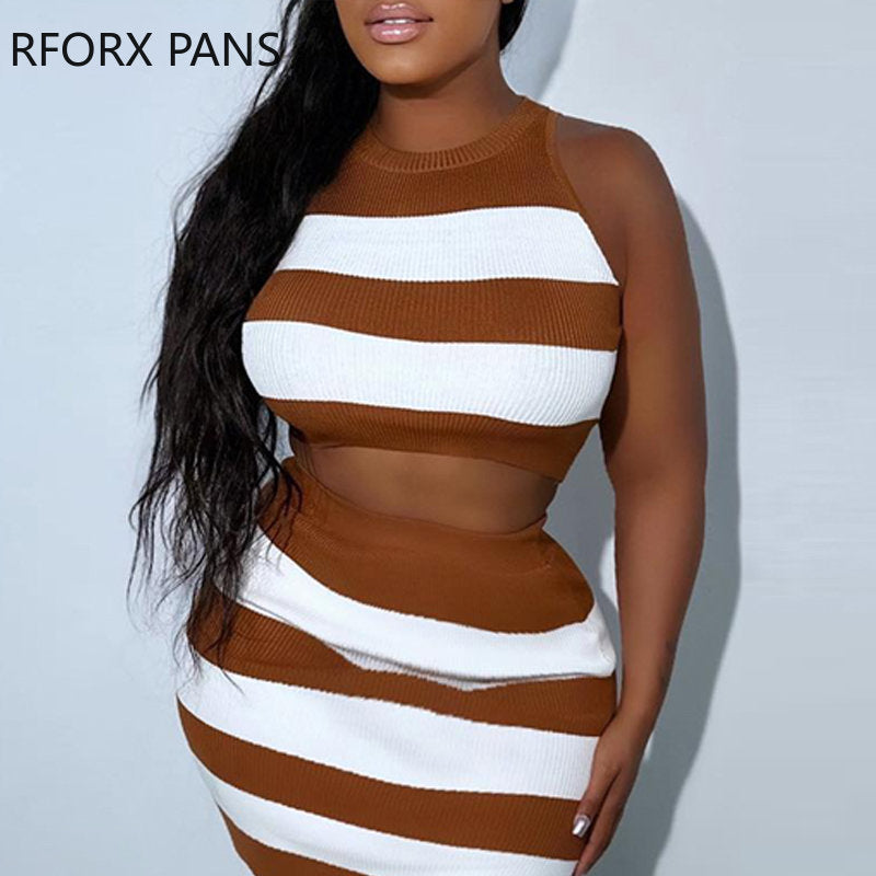 Amay Women Sexy Striped Sleeveless All Over Print High Silt Vacation Sexy Knitting Skirt Sets