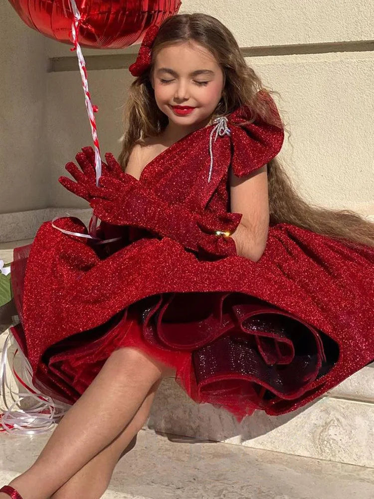 Gacy Children s Red One shoulder Dress Sequined Princess Pompadour Dre gacy-children-s-red-one-shoulder-dress-sequined-princess-pompadour-dre
