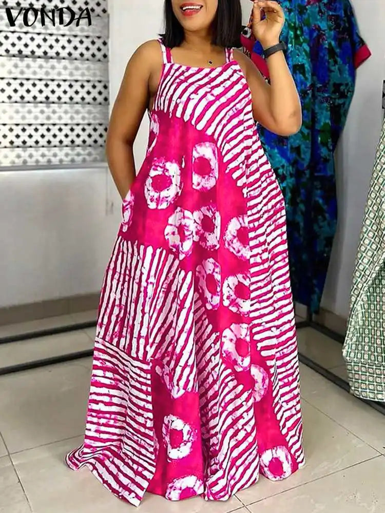 Maxy Plus Size 5XL VONDA Bohemian Printed Maxy Dress Summer Sleeveless Party Beach Sundress Tank Long Casual Loose Robe