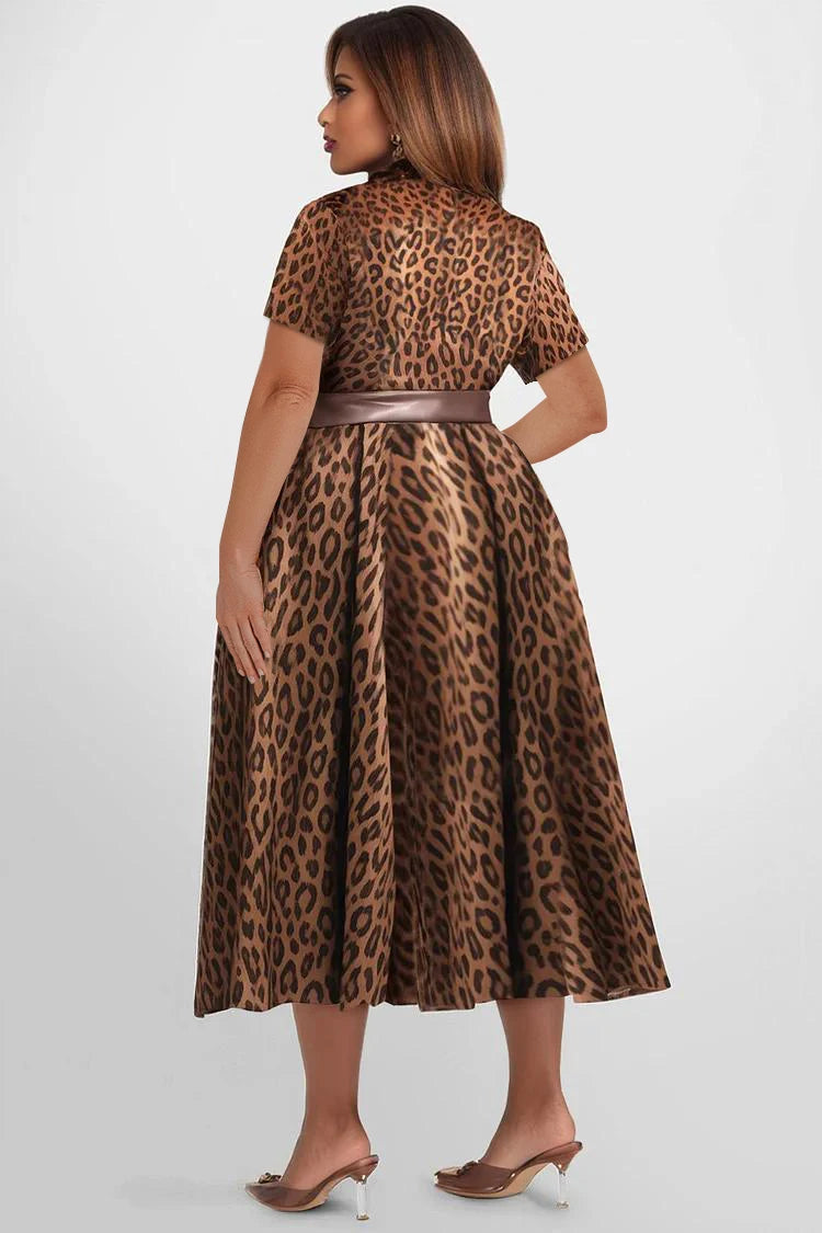 Maxy Plus Size Leopard Printed Dress for Women Casual Summer Short Sleeve Lapel Collar Pleated A-Line Ameriacn Retro Evening Dresses