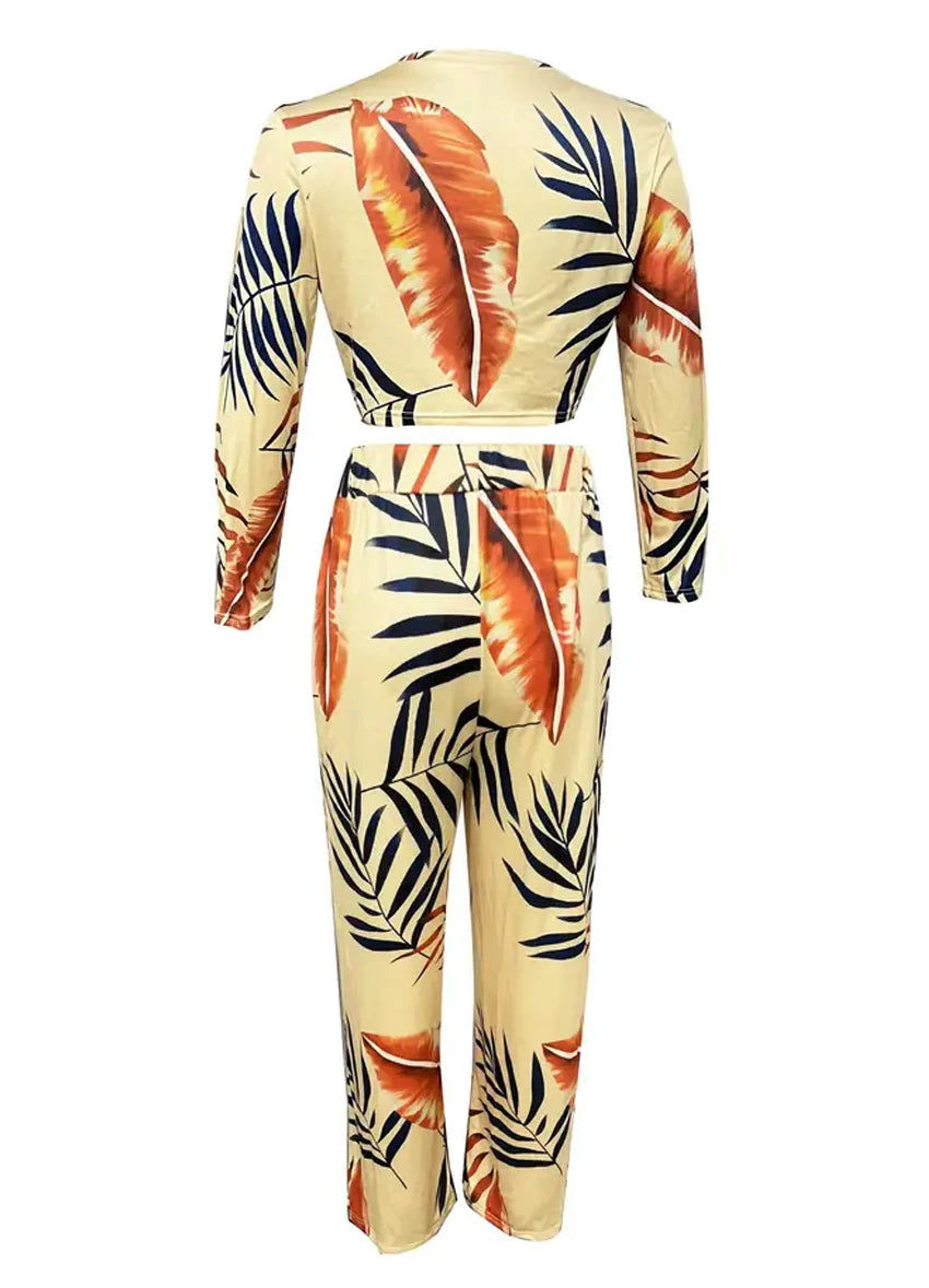 Macy Casual Fashion Two-piece Set Female Solid Long Sleeve O-Neck Tops & Floral Print Wide Leg Pants Outfits Women's Clothing