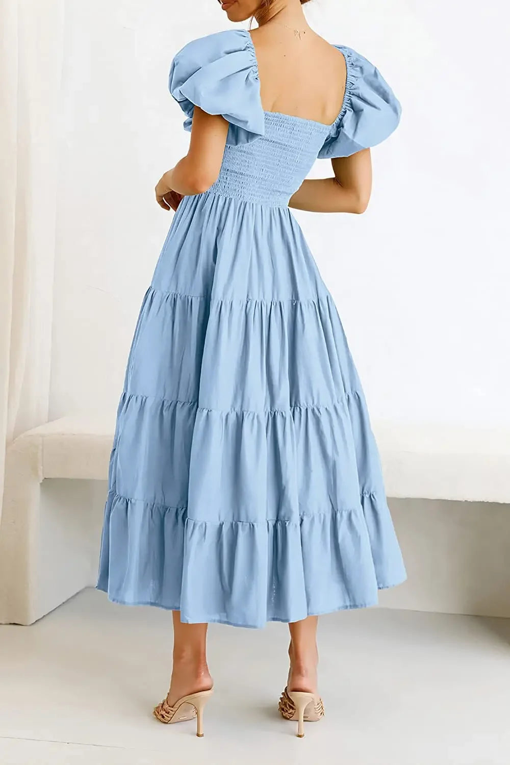 Maxy Dress Women Clothing Ruffles Ruched A-Line Frock Square Neck Short Sleeve Dress Vacation Streetwear Outfits Summer