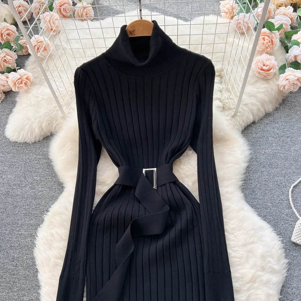 Babs Green Winter Turtleneck Sexy Women Dress Autumn Long Sleeve Skinny Macy Bodycon Casual Sweater With Belt Party Club