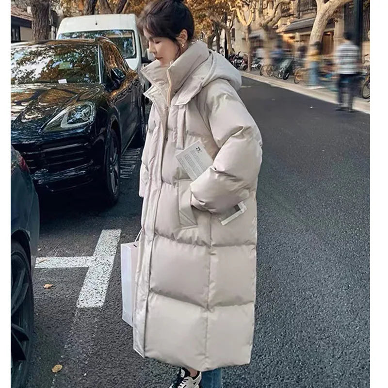 Maxy Thicken Long Coat Women Winter Turtleneck Long Sleeve Loose Midi Female Jacket Fashion Street Zipper Solid Lady Parka Coats
