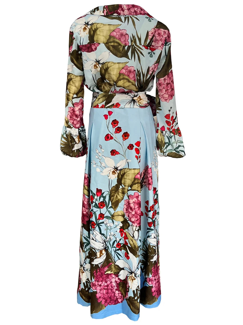 Maxy Spring Floral Print Women's Two Pieces Set Long Sleeve Shirts & High Waist Long Skirt Suits Female Chic Elegant Skirts Set