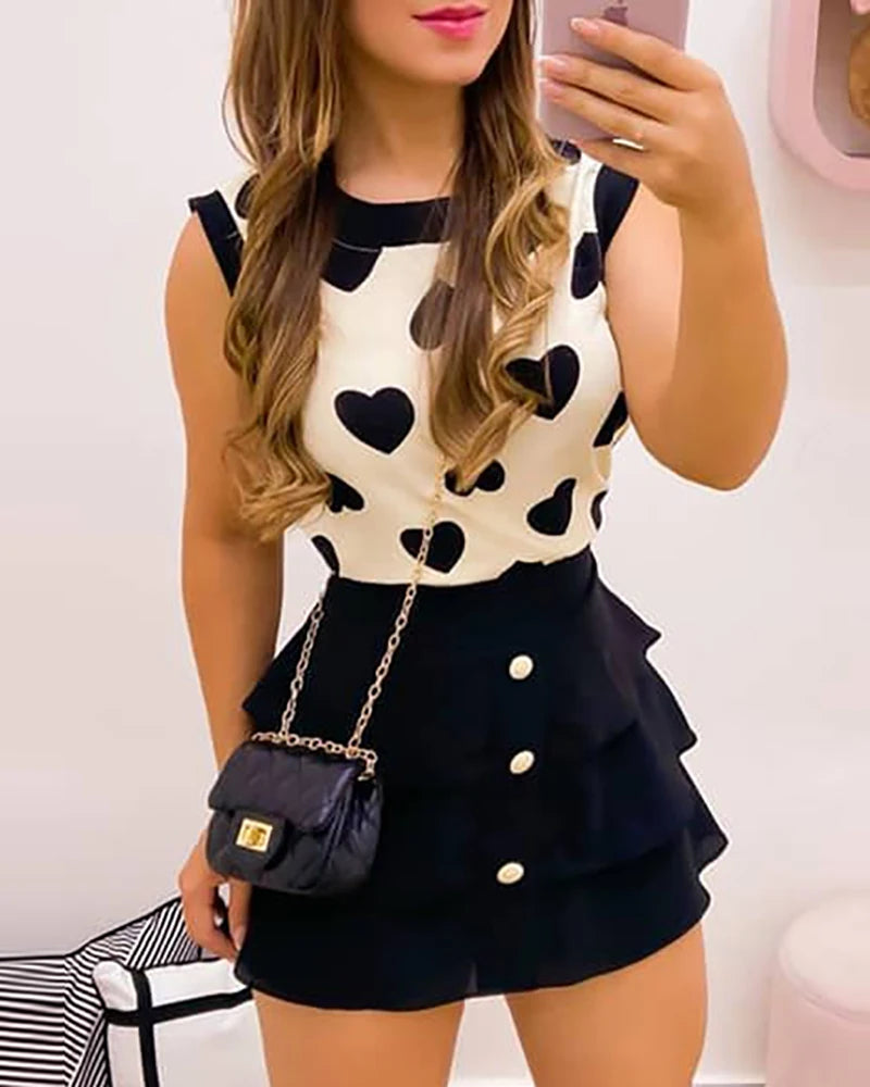 Maxy Sweet Ladies Two Piece Set Outfits Women Print Heart Round Neck Top & Skirt Set Women Dress Sets Female Short Skirts Suits