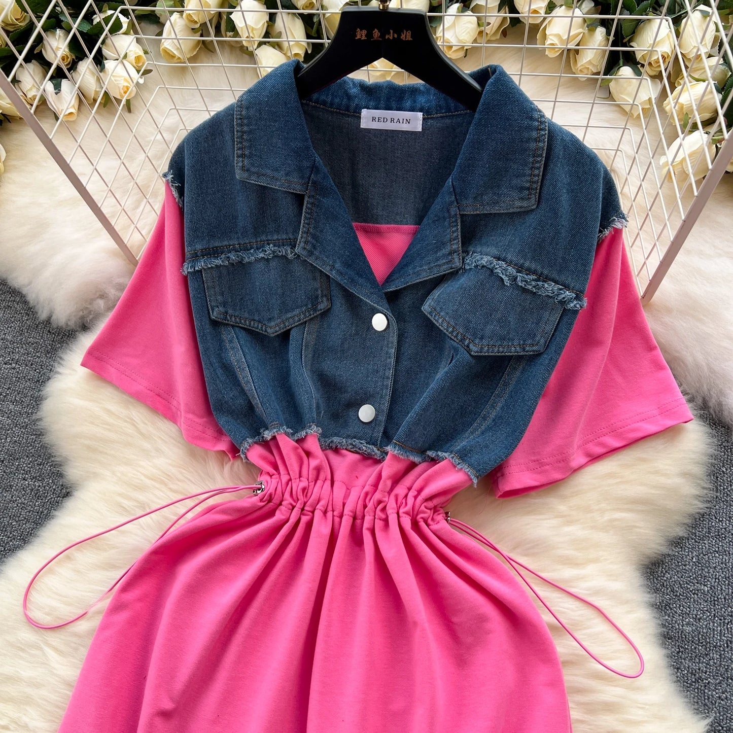 Maxy Women Casual Shirt Dress Korean Summer Short Sleeve Patchwork Denim Short Dresses Female Slim Drawstring High Waist Dress