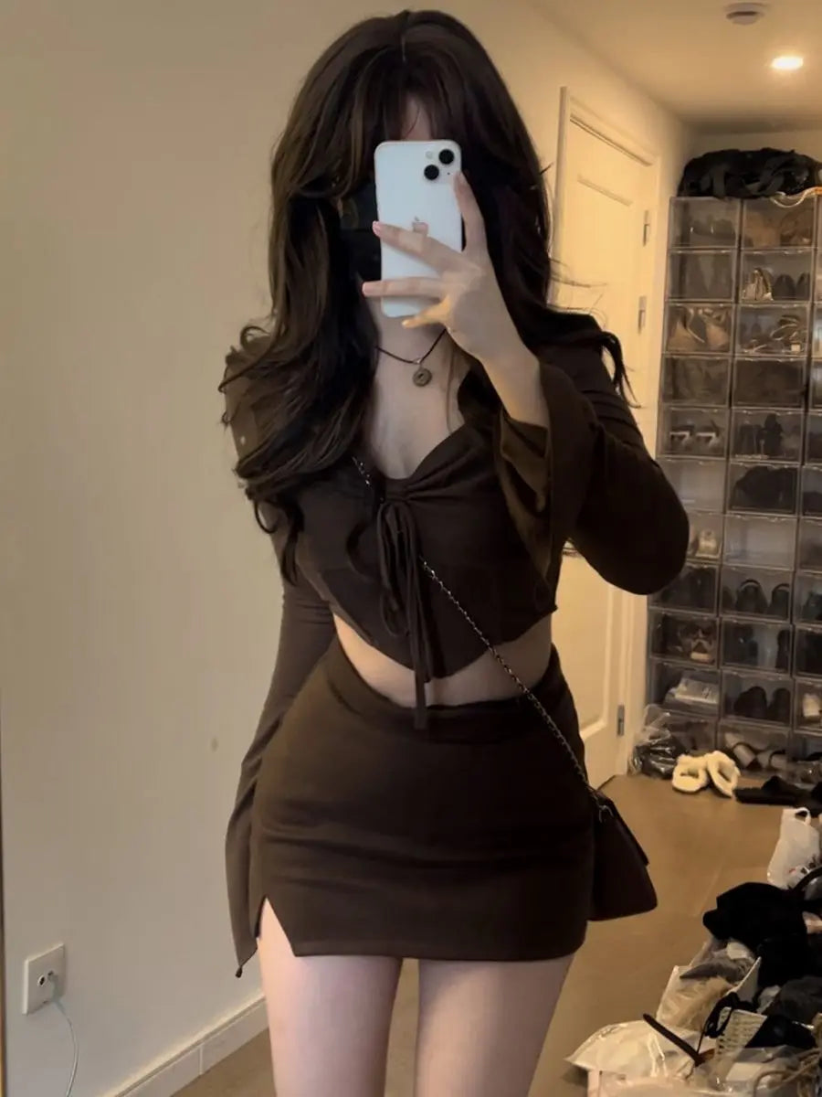 Maxy Two Peice Dress Set for Women Blouse and Skirt Set Y2K Brown Square Neck Pleated Long Sleeve Corset Shirt Cropped Top Mini Skirt