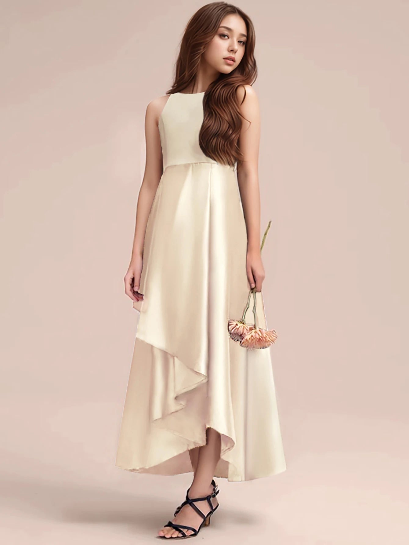 Maxy Teen Girl Champagne High-end Long Dresses Birthday Party Performance Wedding Evening Dresses