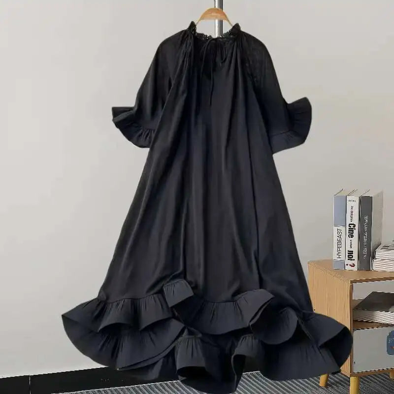Maxy GVUW A Line Dress Women V Neck Flare Sleeve Loose Solid Color Lace-up A Line Fashion New 2025 Medium Long Dresses 17G7813