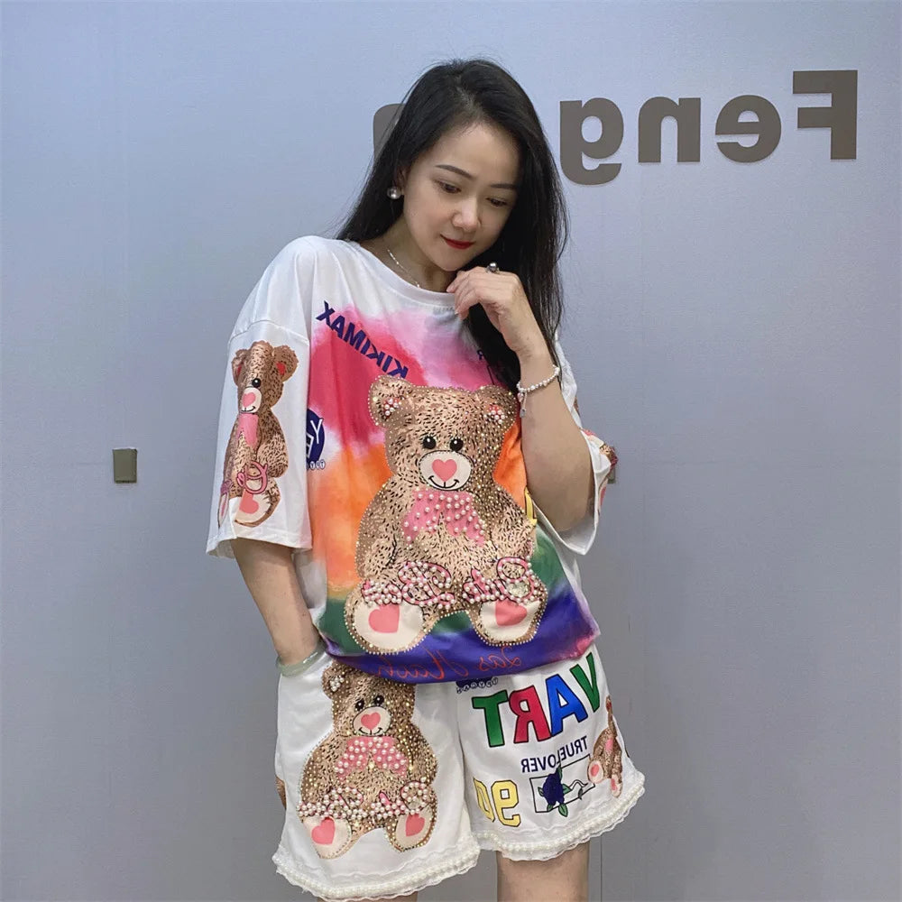 Maxy Beaded Cartoon Bear Shorts Casual Suit Women 2024 Summer Loose Printed Rhinestone Hot Fixed Short Sleeve T-shirt Two-Piece Sets