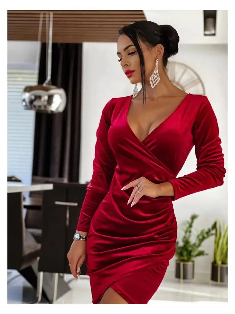 Maxy Deep V Neck Long Sleeve Rached Wrap Dress Casual Slim Cocktail Evening Dresses Red
