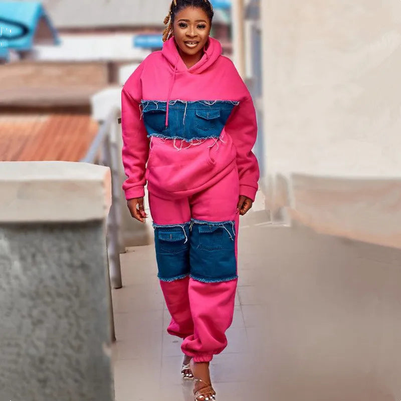 Maxy Fashion 2 Piece Women Set Thick Warm Long Sleeve Denim Patchwork Top And Pants Suit Streetwear