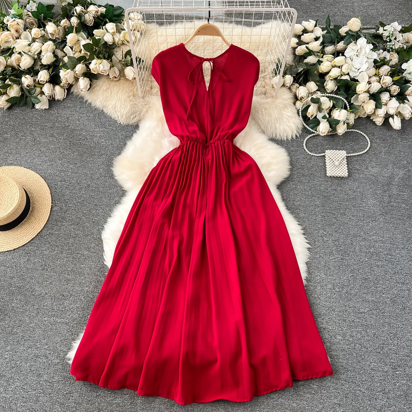 Babs French Vintage Elegant Pleated V-neck Dress A-line Fashion Chiffon Spring Autumn Sleeveless Vestidos Women Dresses