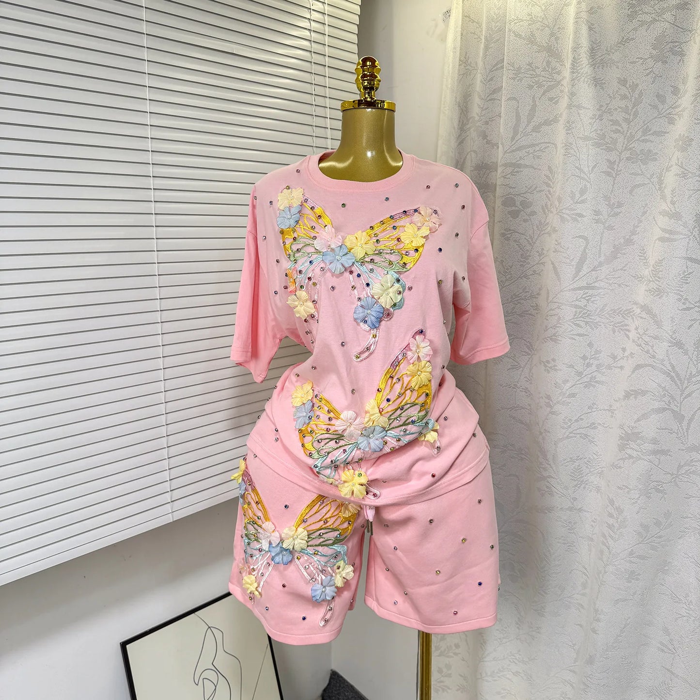 Maxy Fashion Butterfly Floral Beading Women's Set T-shirt and Shorts 2025 Summer Active Two 2 Piece Sets Outfit Tracksuit