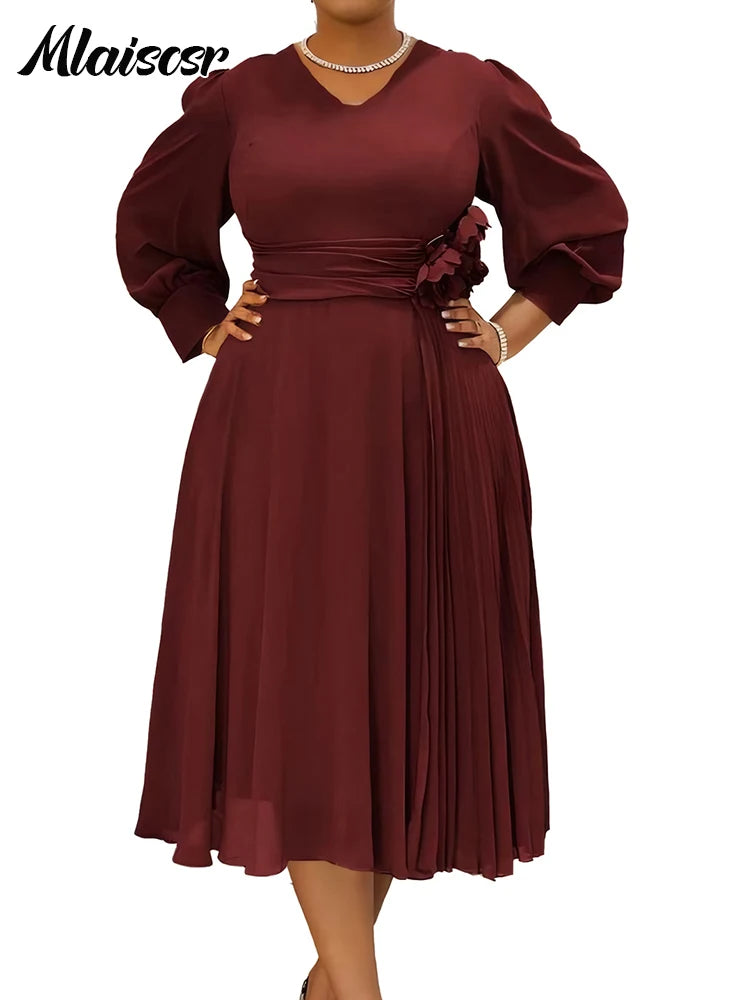 Maxy Elegant Pink A Line Loose Mid Dress for Women V Neck 3D Flower Design Puff Sleeve Office Evening Birthday dress