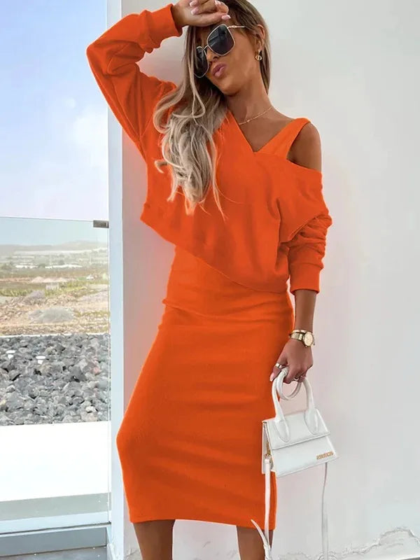 Amay Women Autumn Two Piece Sets Dress Elegant Sexy V Neck Long Sleeve Sweatshirts And Long Dress Female solid color outfit set
