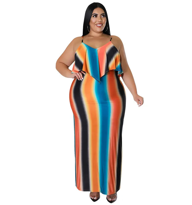 Maxy Plus Size Dresses for Women Clothing Striped Print Sexy Elegant Stretch Slip Evening Dresses