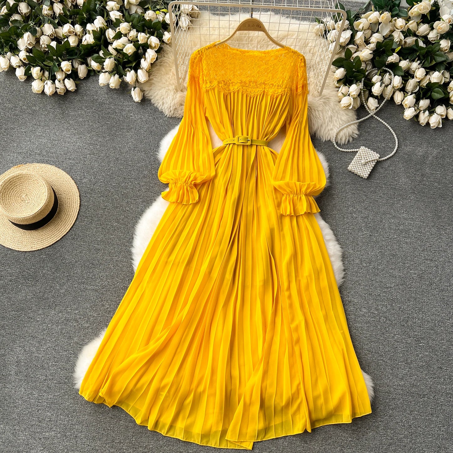 Amay Spring Summer Women Hollow Out Lace Patchwork Pleated Long Dress Vintage Red/Blue/Purple Draped Maxy Female Robe New