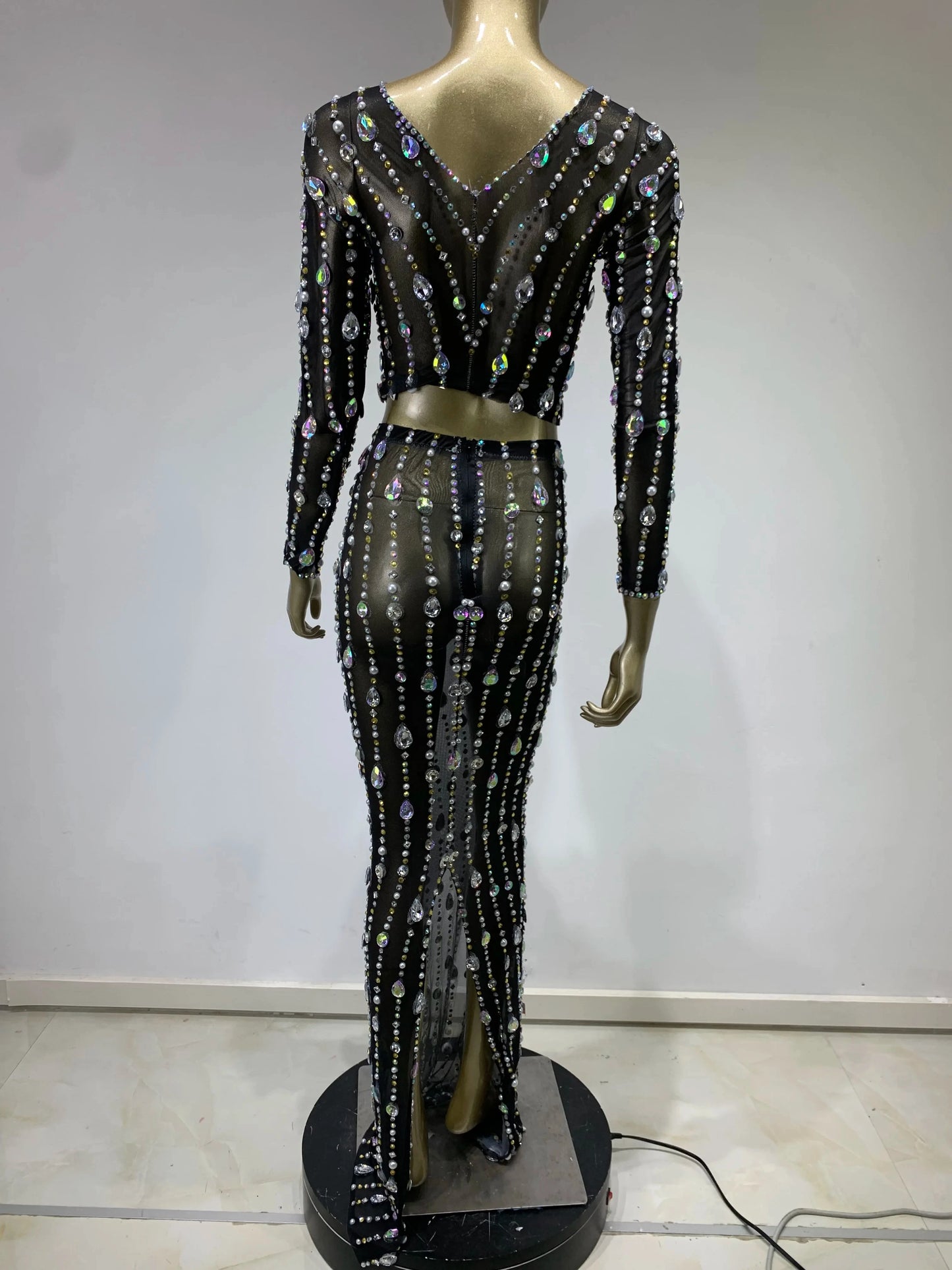 Amay Stock Women Long Sleeve Rhinestone Sparkly Long Skirt Set Birthday Party Costume Bar Nightclub Stage Performance Clothing