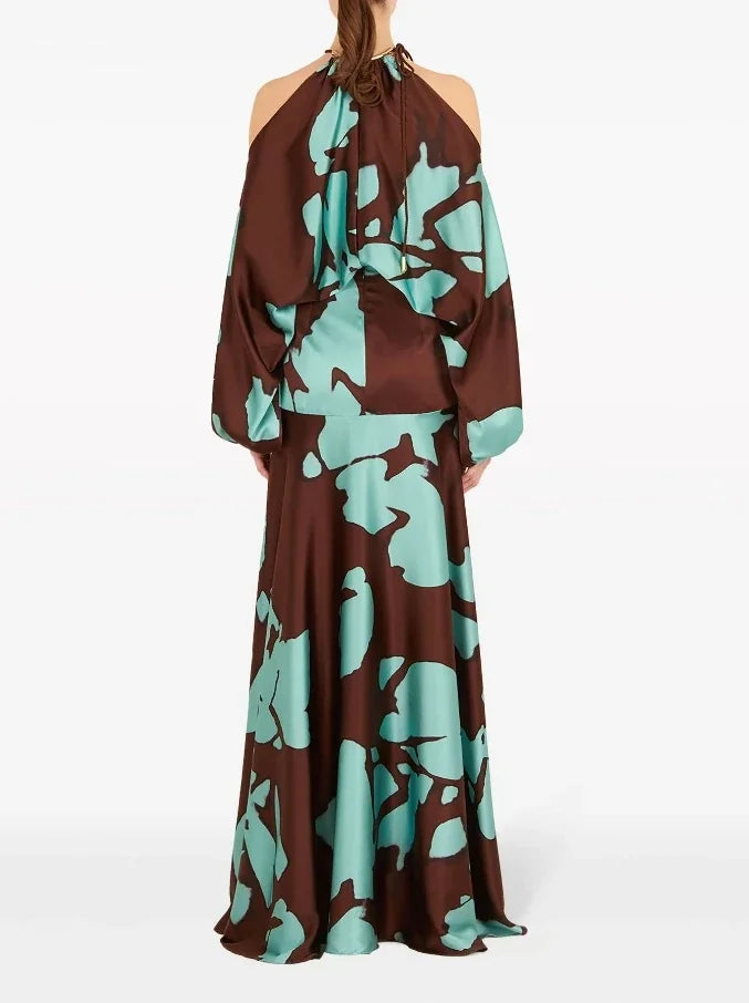 Maxy Evening Dresses Vacation Style Elegant Socialite Printed Off Shoulder Slit Dress
