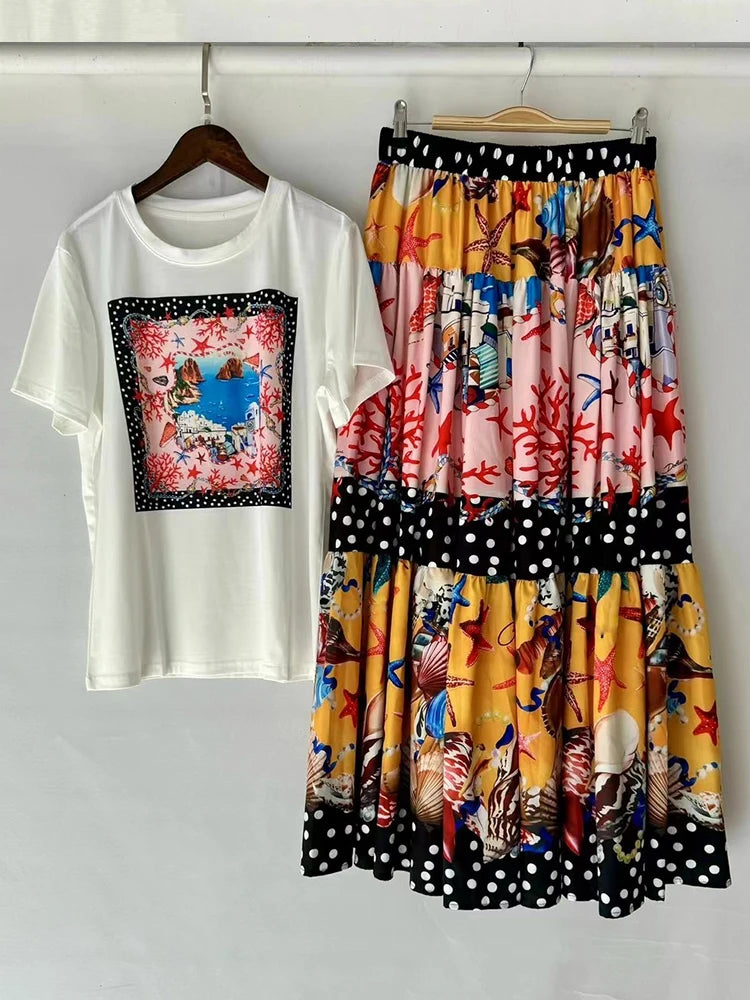 Maxy summer women's retro geometric print knit shirt sleeve T two-piece marlet + high waist sag pleated loose skirt fashion suit