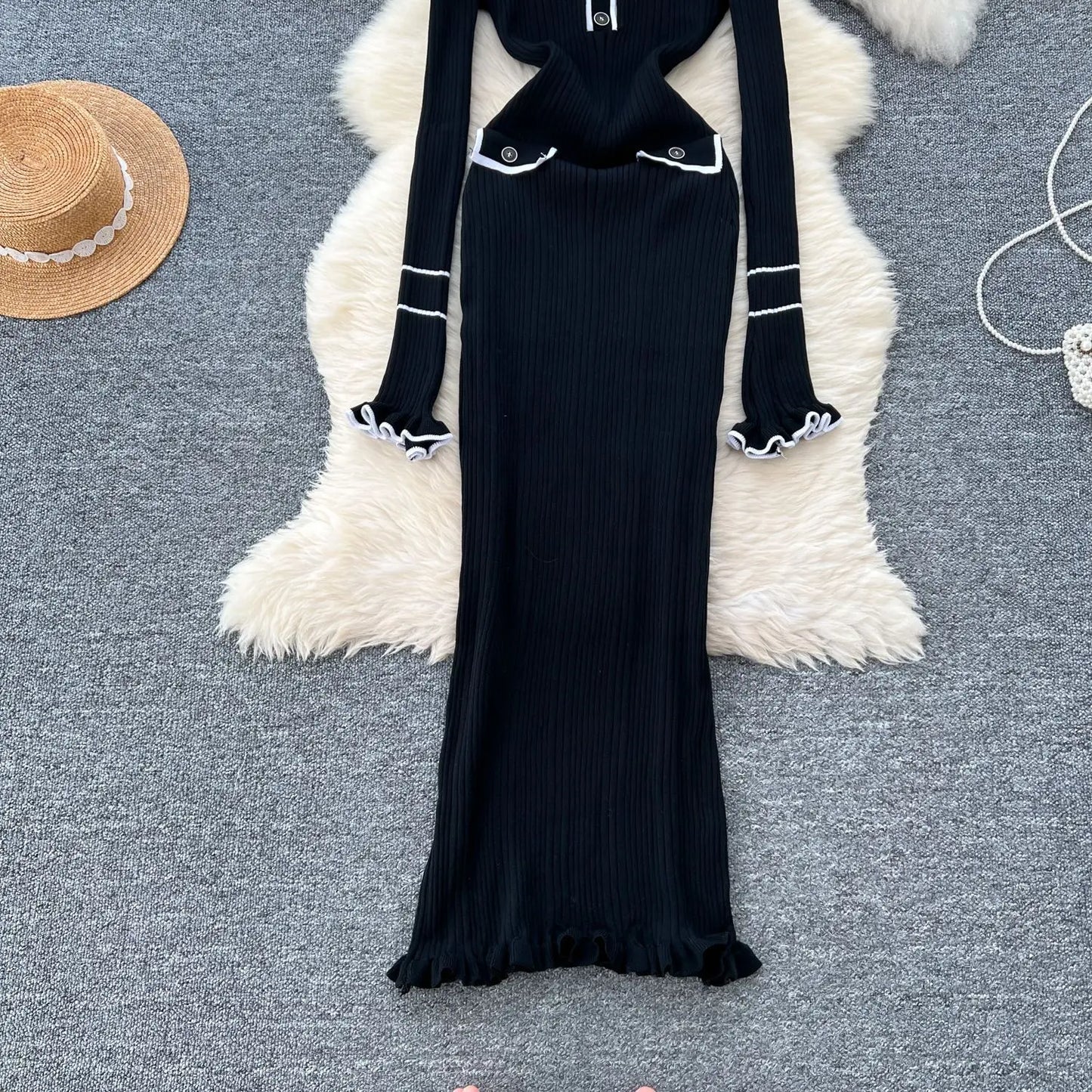 Macy French Vintage Knitted Dress Women Lapel Long Sleeved Slim Bodycon Dresses Ladies Slim Elegant Spring Autumn Long Robe Vestidos