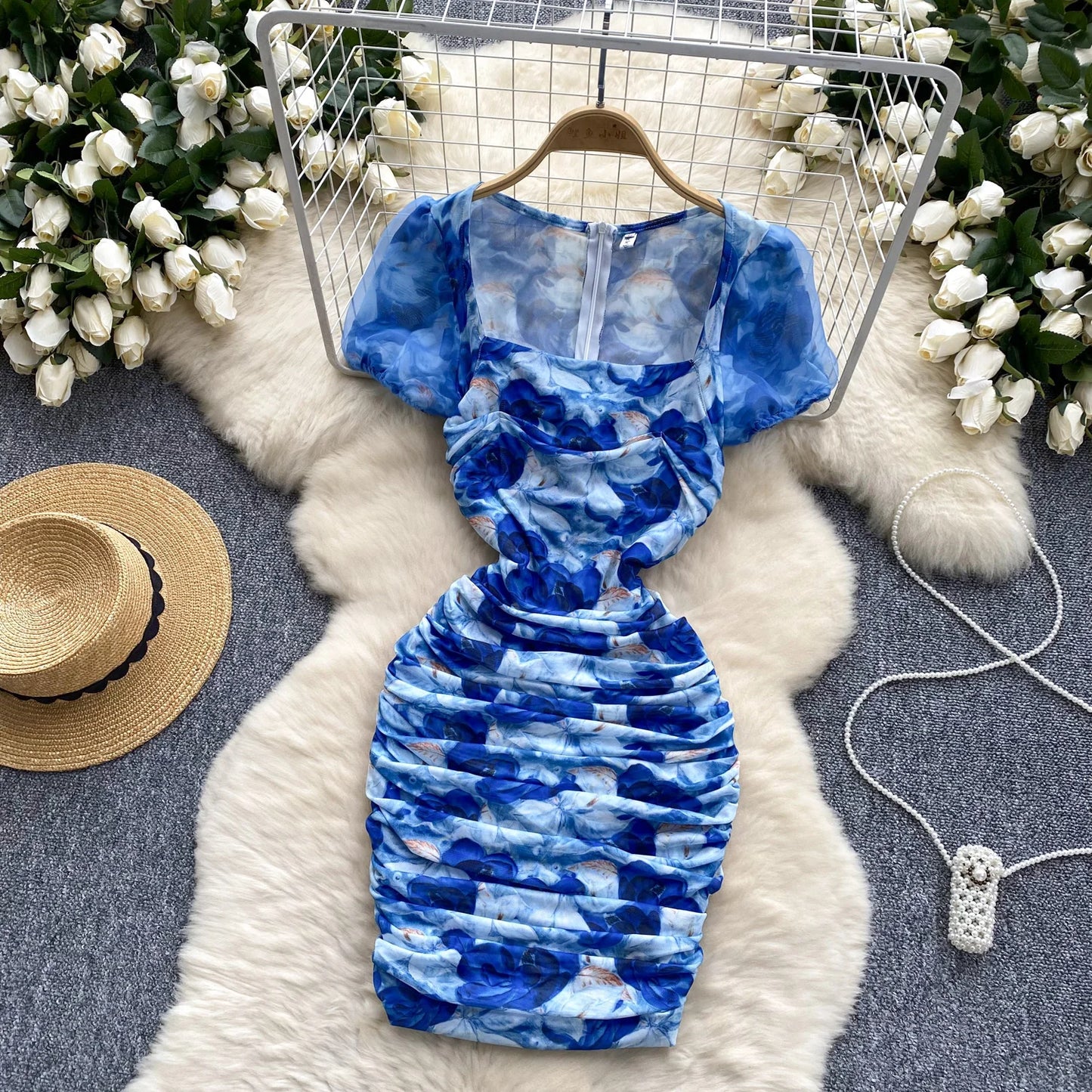 Maxy Sexy mesh print Square Collar puff sleeve pleated Dress Chic Vintage korean fashion Evening Women Slim print dresses