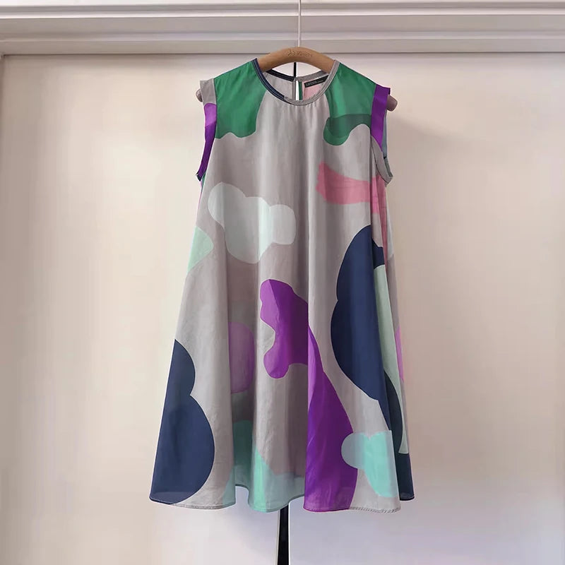 Maxy Summer Holiday Printing Dress Women O-neck Sleeveless Knee Robes 2024 Vintage Loose Tank Sundress Beach Oversize dress
