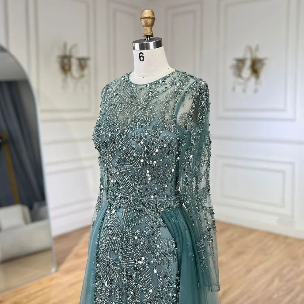 Maxy Serene Hill Arabic Turquoise Mermaid Gown with Tulle Overskirt And Beaded | Evening Dresses LA72601 Customized
