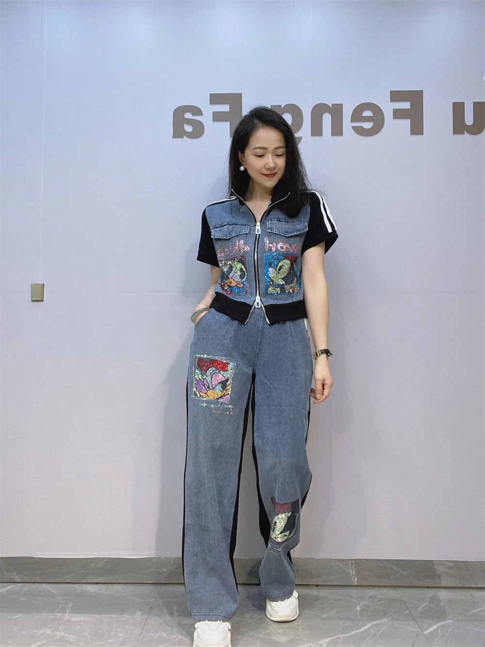Maxy Short Zipper Cardigan and Pant Two-piece Sets Women Summer Fashion Sportswear Short Sleeve Top Long Pants Hot Diamond Denim Suit