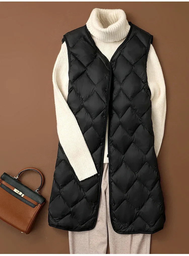 Maxy Plus Size Female Korean V-neck Casual Ultra-Light Vest Coat Autumn Winter Women X-Long White Duck Down Warm Sleeveless Jackets