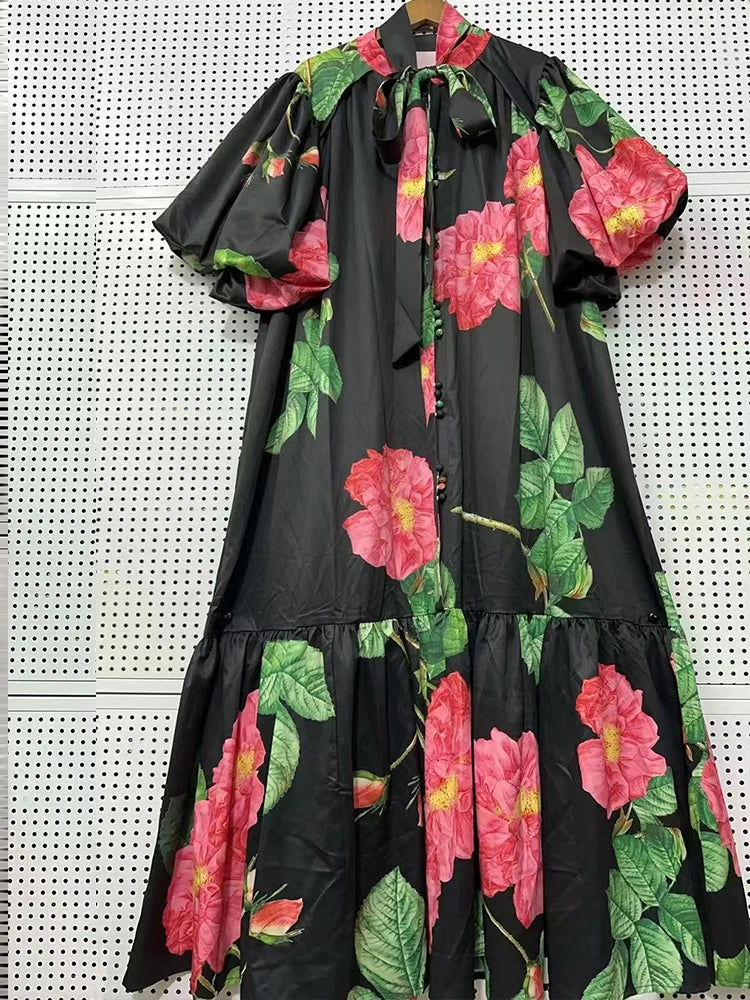 Maxy Elegant single-breasted bubble short sleeve geometric printing casual loose dress summer ladies temperament lace-up dress