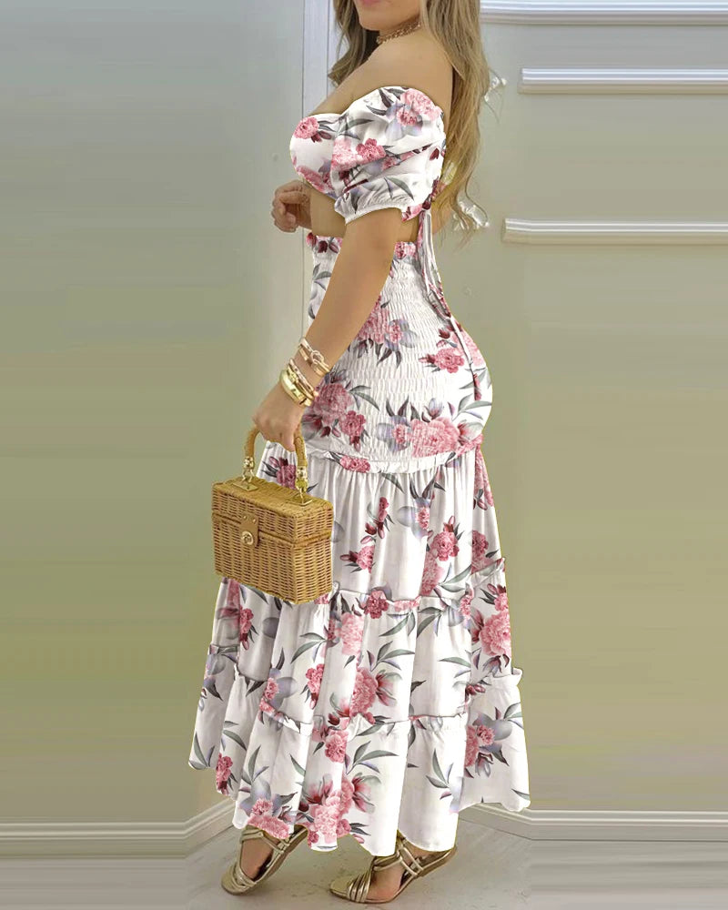 Amay Summer Fashion Holiday Floral Print O Neck Crop Top Shirr +Slit High Waist Women Maxi Skirt Sets Female Fashion New