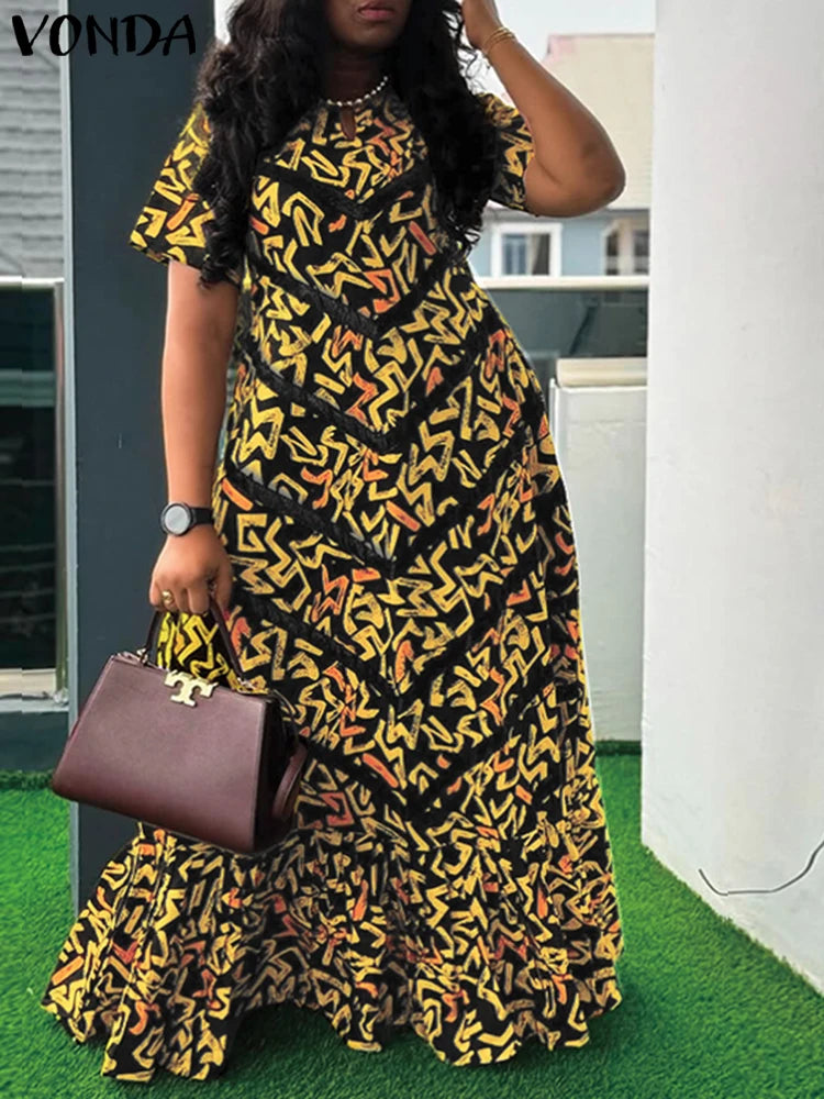 Maxy Summer Vintage Bohemian Dress Women Short Sleeve Printed Party Vestidos Casual Ruffled Long Robe V-Neck Vestidos