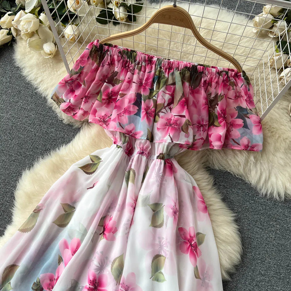 Amay Summer Ruffle Off The Shoulder Chiffon Dress Women Sexy Slim A-line Printed Dresses Ladies Viantage Beach Split Maxy Dress