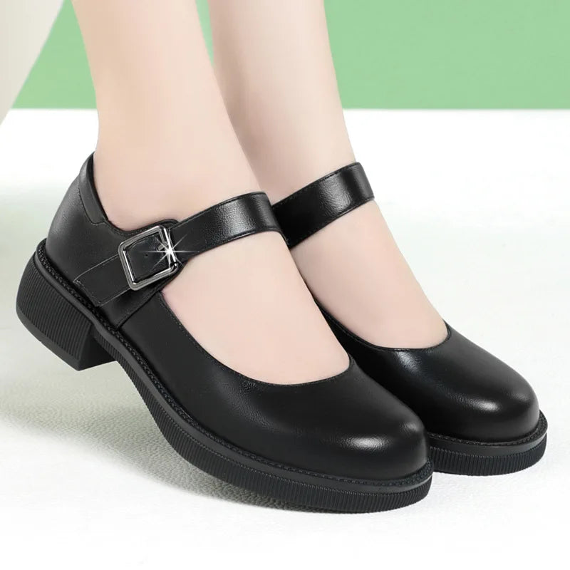 Maxy 3.5cm Breathable Shallow Mouth Bright Leather Shoes Women Mary Janes 2025 Fall Med Square Heels Sheos Black for Office Mom