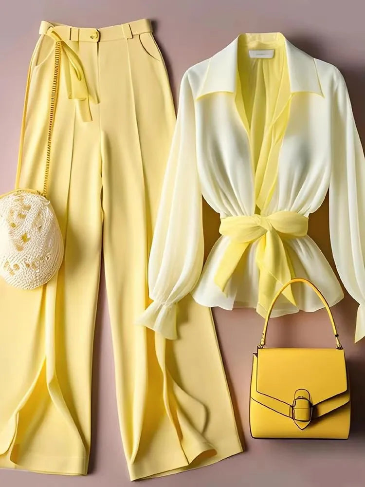 Amay Yellow Tailored Trousers Loose Pants Suit Womens Two Piece Sets Vintage Perspective Shirt Autumn Blouse Sleeve Korean Top