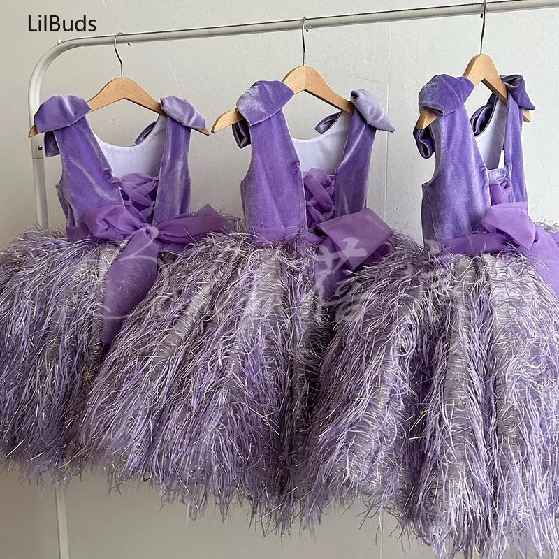 Maxy Fashion Baby Girl Princess Feather Sleeveless Dress Infant Toddler Child Vintage Vestido Party Pageant Birthday Ball Gowns
